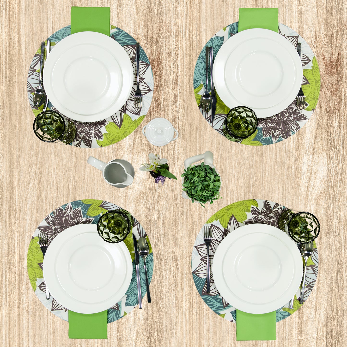 MR-FLOCYV: Mantel individual redondo PVC Flores cafe y verde