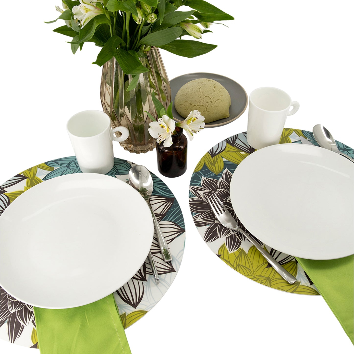 MR-FLOCYV: Mantel individual redondo PVC Flores cafe y verde