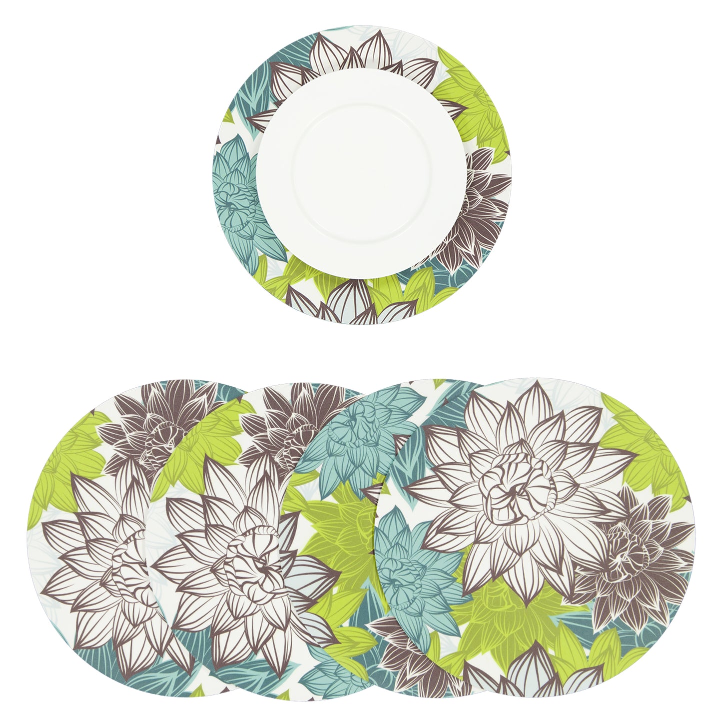 MR-FLOCYV: Mantel individual redondo PVC Flores cafe y verde