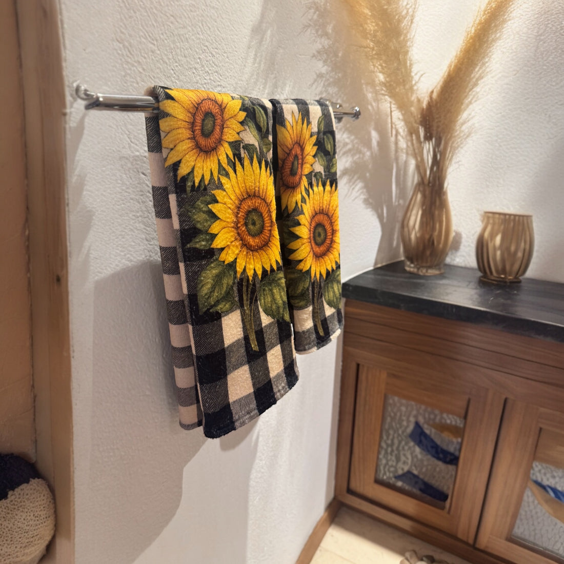 2TC-GIRA Set de 2 toallas de cocina y baño diseño girasol