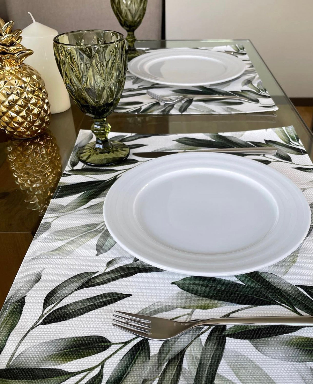 MREC-HOJAS: Mantel Individual rectangular PVC Hojas verdes