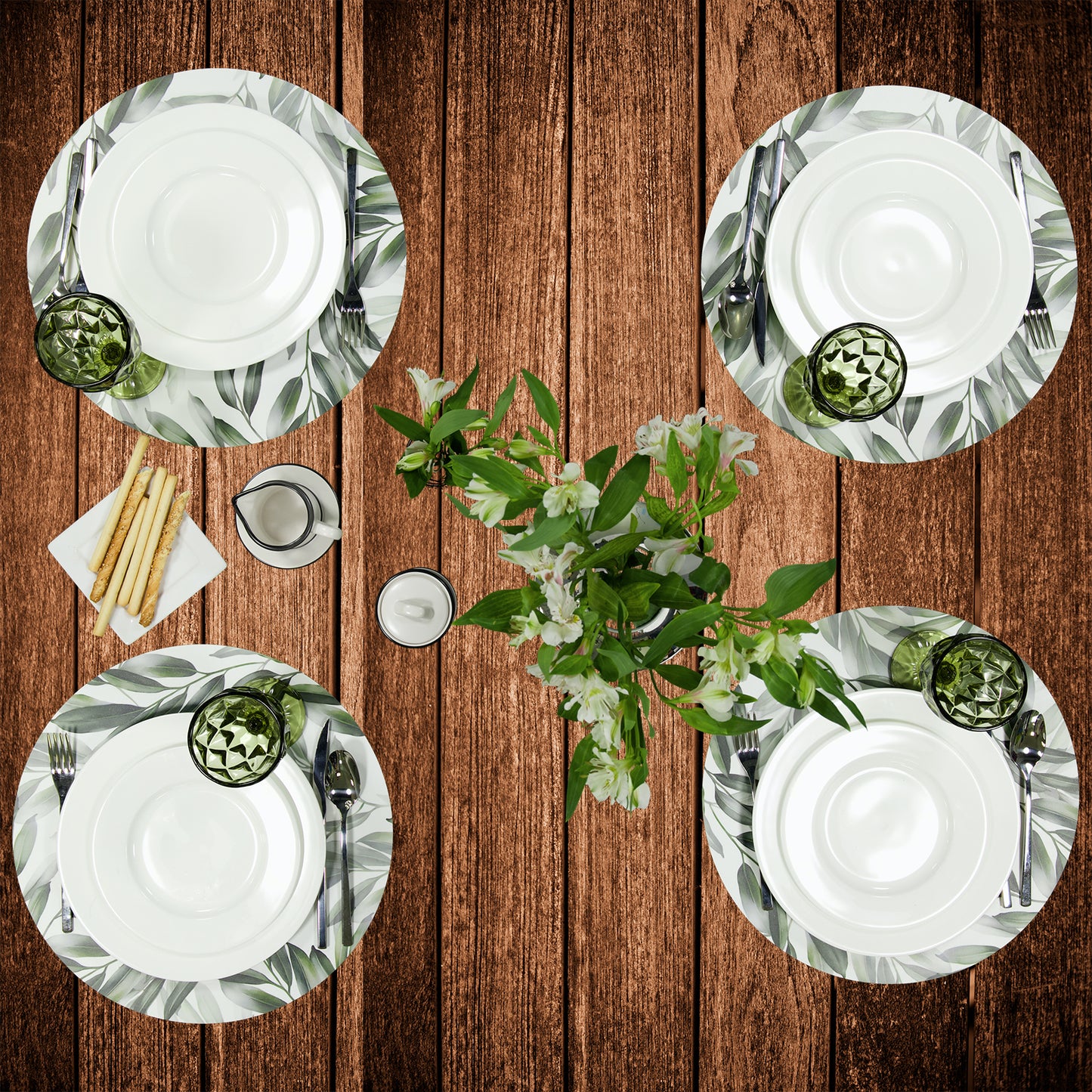 MR-HOJAS: Mantel individual redondo Hojas verdes